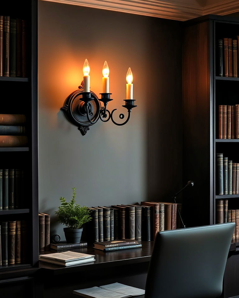 candle wall sconces for atmosphere - 20 Dark Academia Home Office Ideas