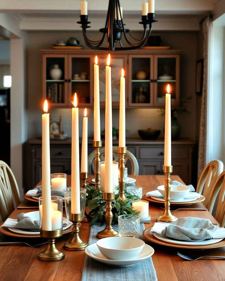 candlelit ambiance with tapered candles - 40 Cottagecore Dining Room Ideas