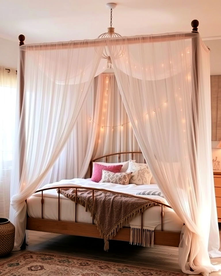 canopy bed with sheer curtains - 25 Boho Teen Bedroom Ideas