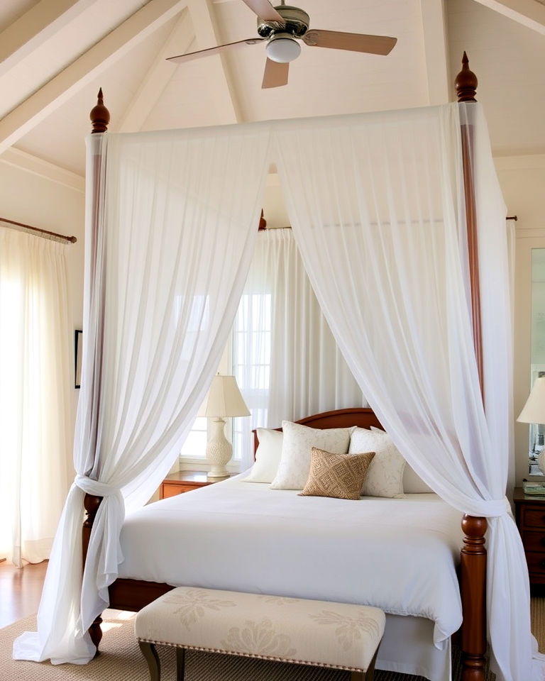 canopy beds with sheer curtains - 30 Coastal Interior Design Ideas