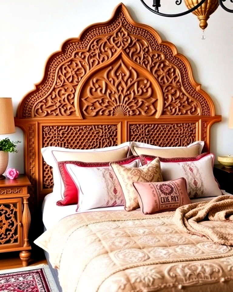 carved wooden furniture for a moroccan bohemian bedroom - 15 Bohemian Moroccan Bedroom Ideas