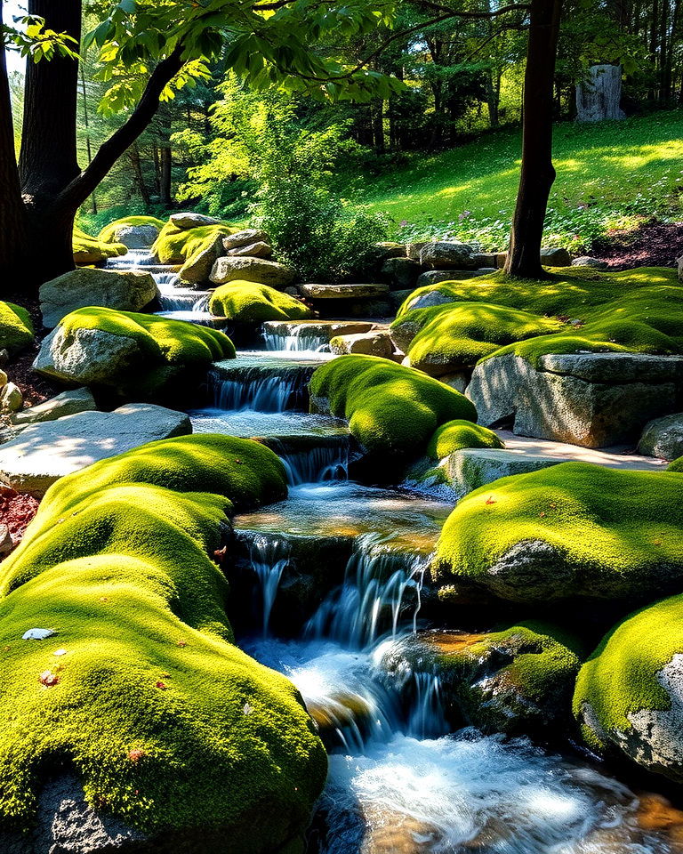 cascading stream with mossy rocks - 25 Small Garden Stream Ideas