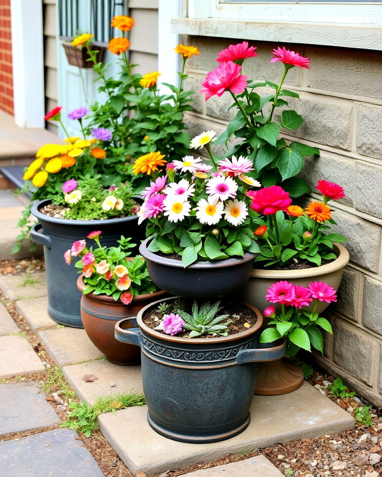 cast iron pots and pans as planters for garden - 20 Vintage Garden Ideas