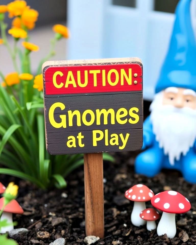 caution gnomes at play sign - 20 Garden Sign Ideas