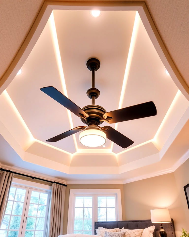 ceiling fan with integrated lighting into the reverse tray design - 20 Reverse Tray Ceiling Idea