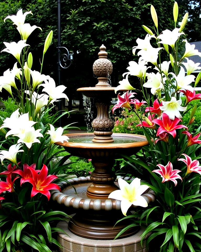 central lily fountain feature - 15 Lily Garden Ideas