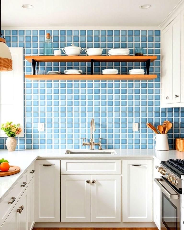 ceramic blue square tiles for classic kitchen styles - 25 Kitchen With Blue Backsplash Ideas