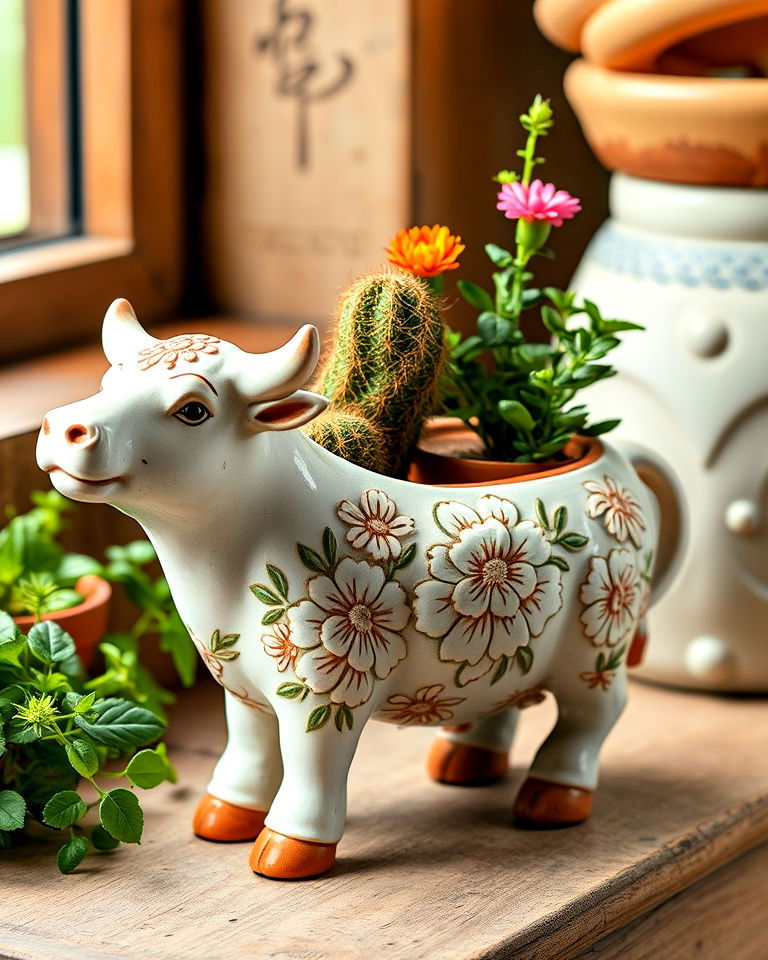 ceramic cow pot with floral details - 15 Cow Planter Pot Ideas