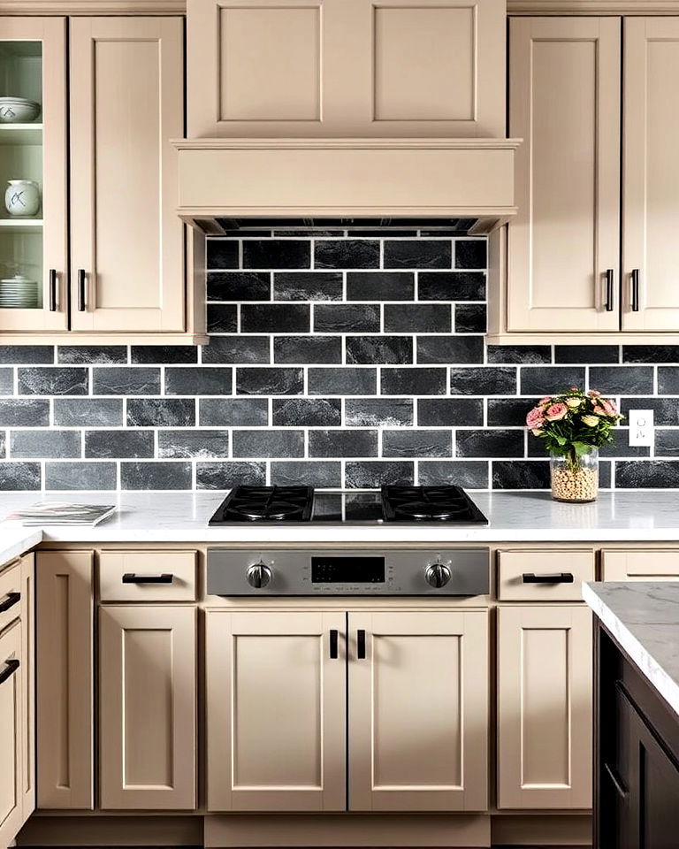 charcoal slate with white grout for contrast - 20 Kitchens With Dark Backsplashes
