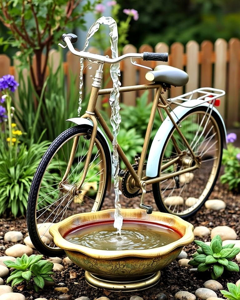 charming bicycle water fountain - 15 Old Bicycle Garden Ideas