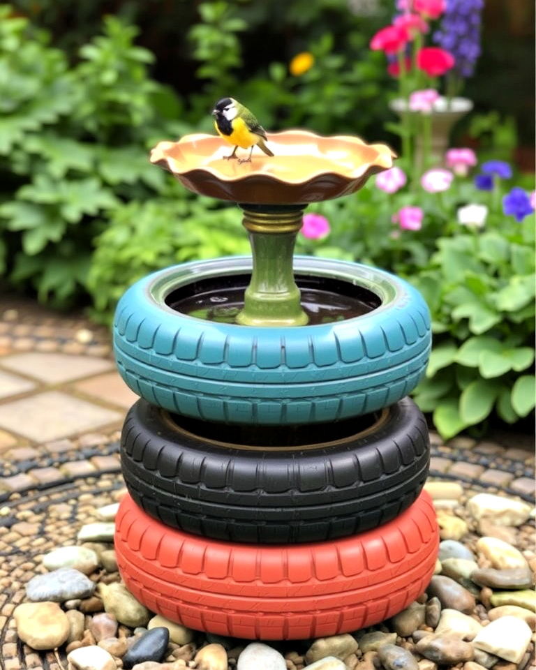 charming birdbath from tyres - 25 Recycled Tyre Garden Art Ideas