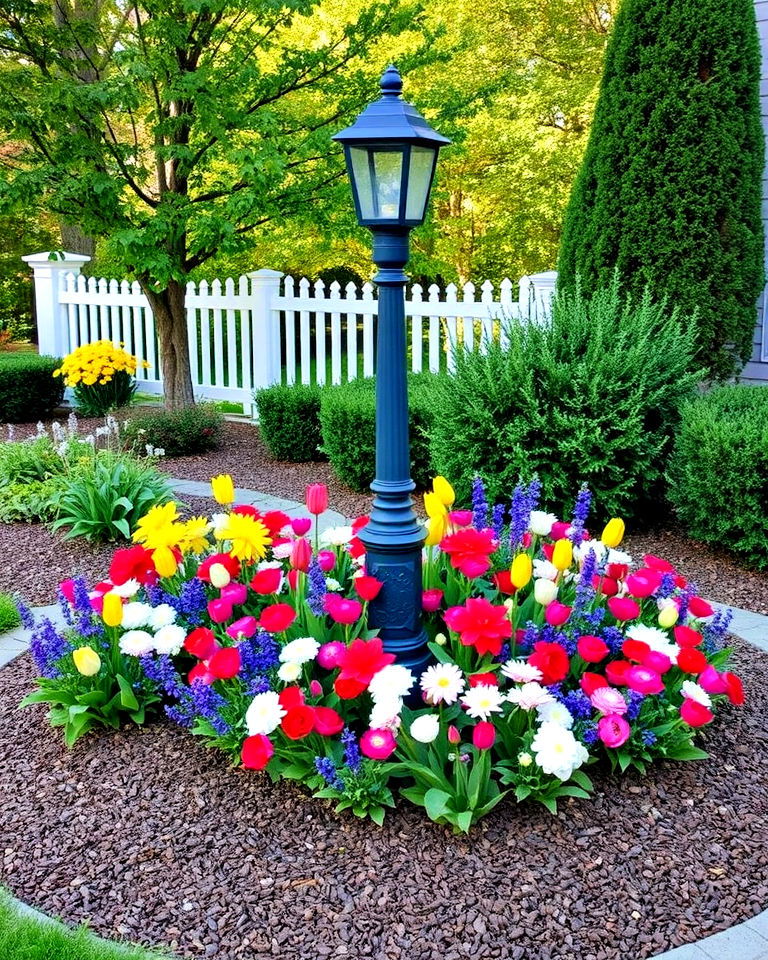 charming flower bed surrounding lamp post - 15 Front Yard Lamp Post Landscaping Ideas