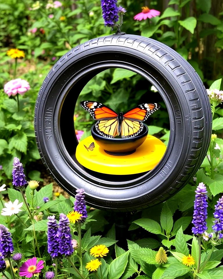 charming tyre butterfly feeders - 25 Recycled Tyre Garden Art Ideas
