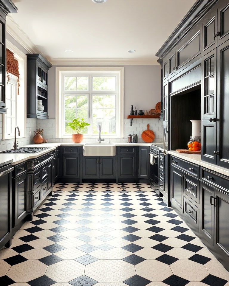 checkered or herringbone flooring for academia kitchen - 25 Dark Academia Kitchen Ideas