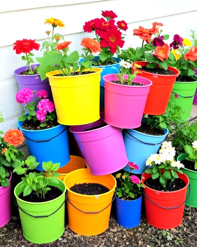 cheerful colorful bucket garden - 15 Bucket Garden Ideas