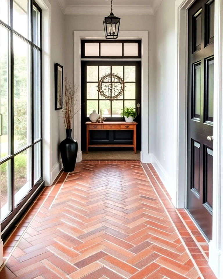 chevron brick pattern floor for contemporary style - 15 Brick Floor Entryway Ideas