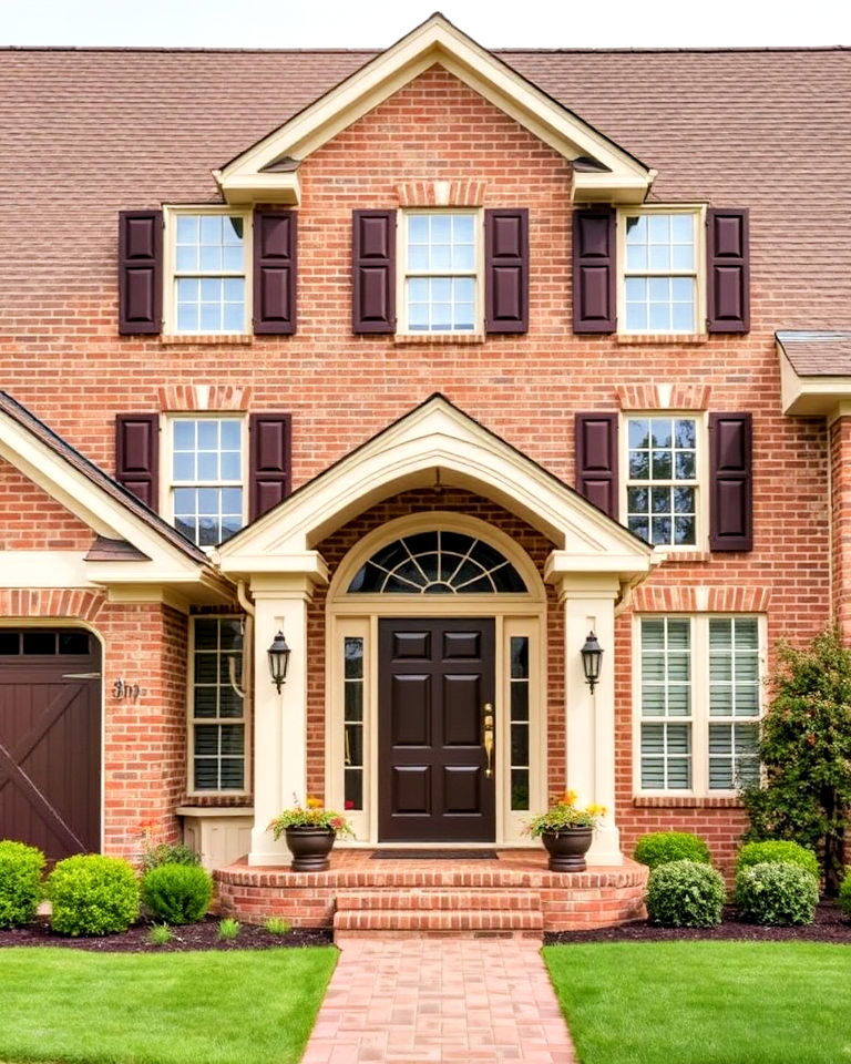 chocolate brown accents paired with cream trim - 25 Blonde Brick House Color Schemes