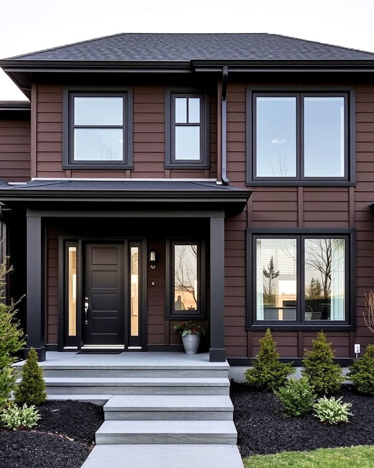 chocolate brown exterior with black trim contrast - 15 Chocolate Brown House Exterior Design Ideas