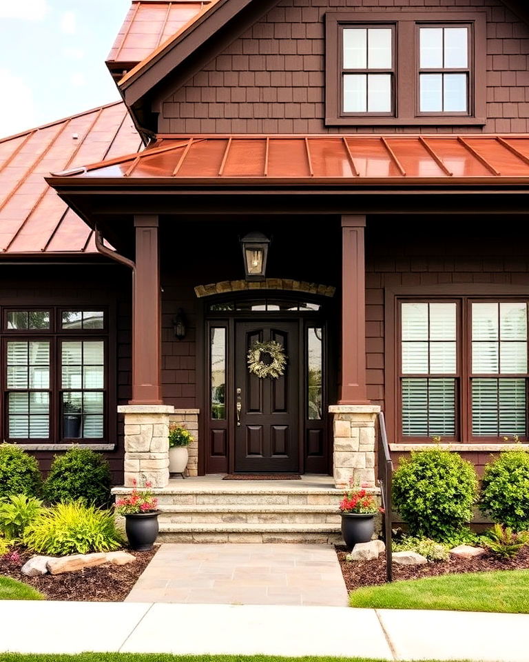 chocolate brown exterior with copper roof and accents - 15 Chocolate Brown House Exterior Design Ideas
