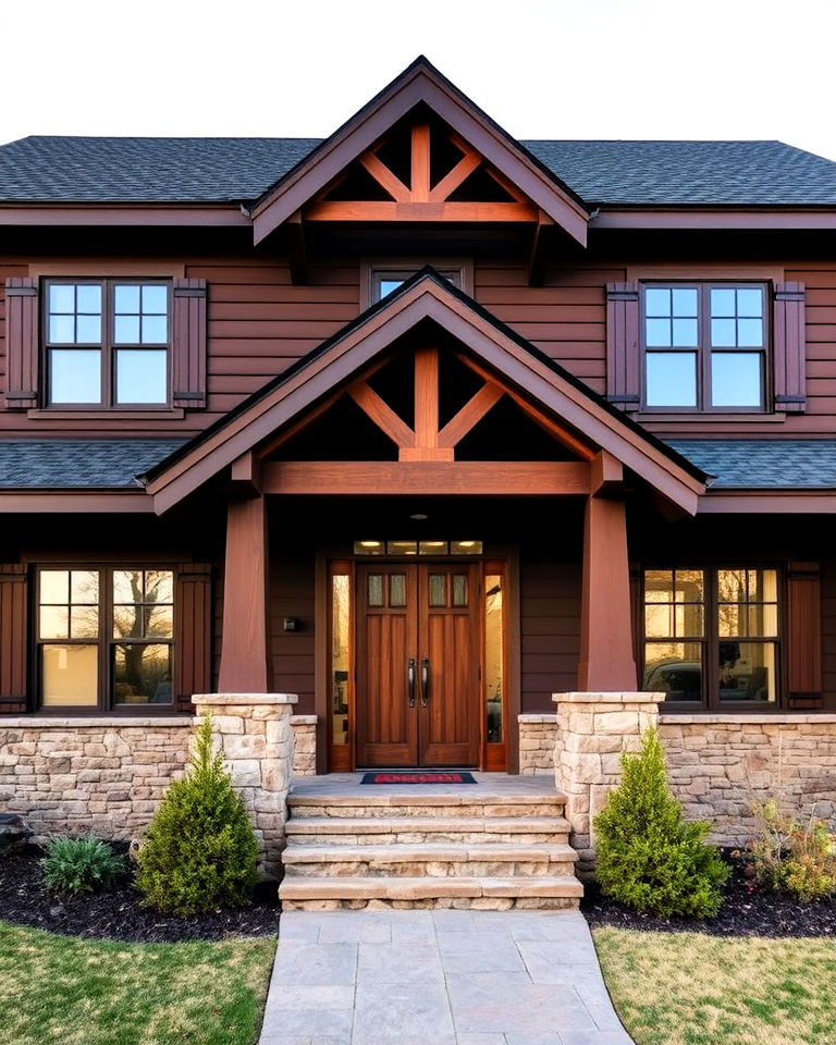 chocolate brown exterior with natural stone accents - 15 Chocolate Brown House Exterior Design Ideas