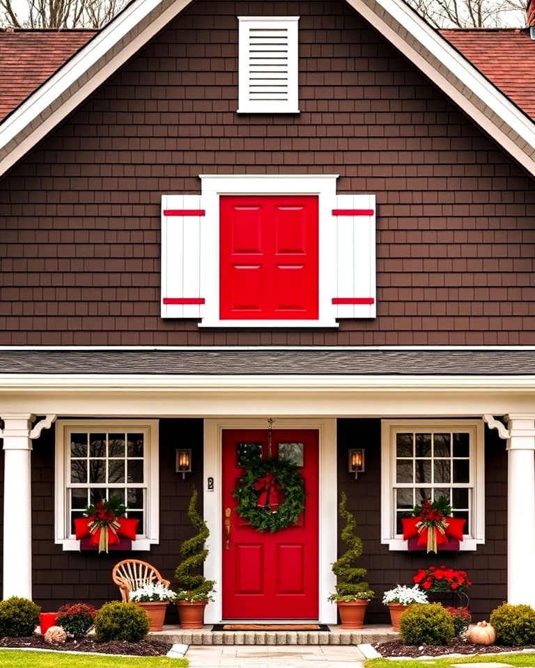 chocolate brown exterior with white and red trim - 15 Chocolate Brown House Exterior Design Ideas