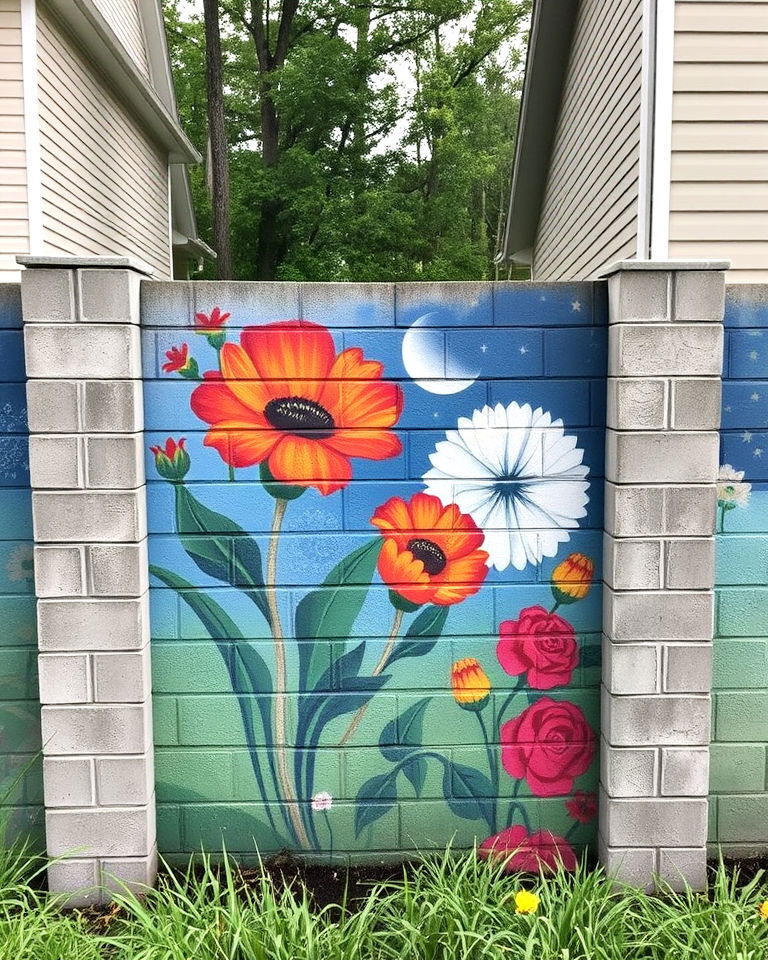 cinder block fence with custom mural - 25 Cinder Block Fence Ideas