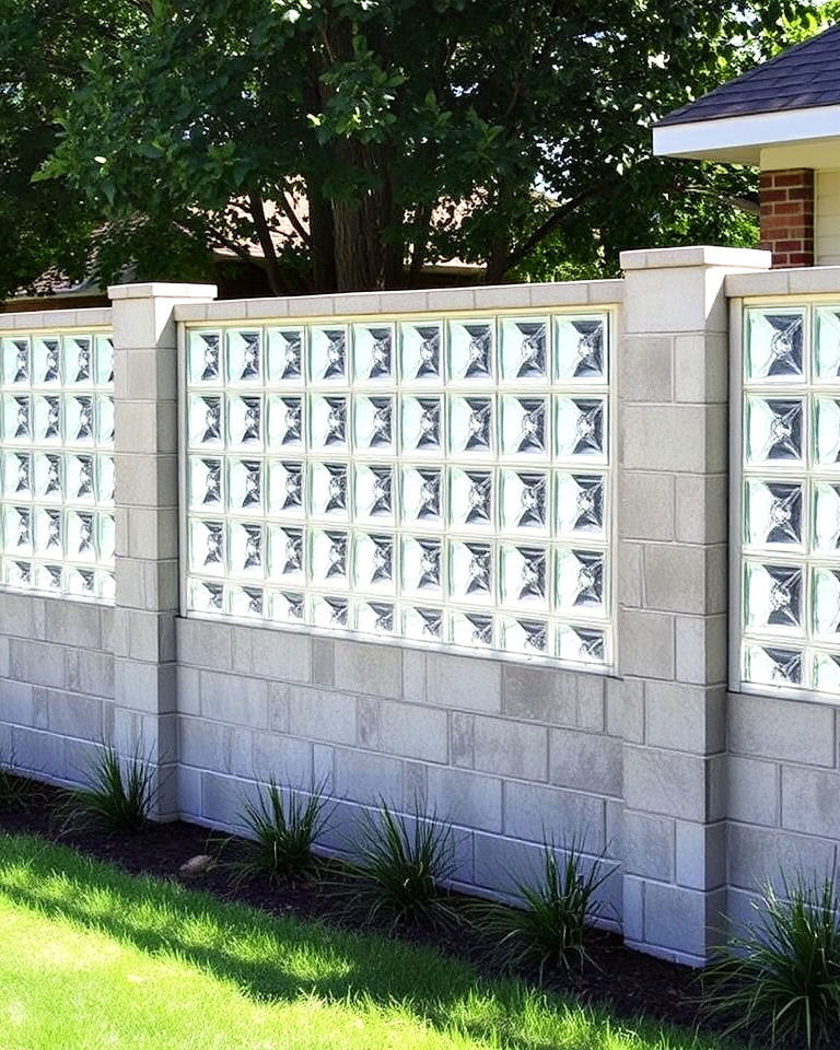 cinder block fence with glass block accents - 25 Cinder Block Fence Ideas