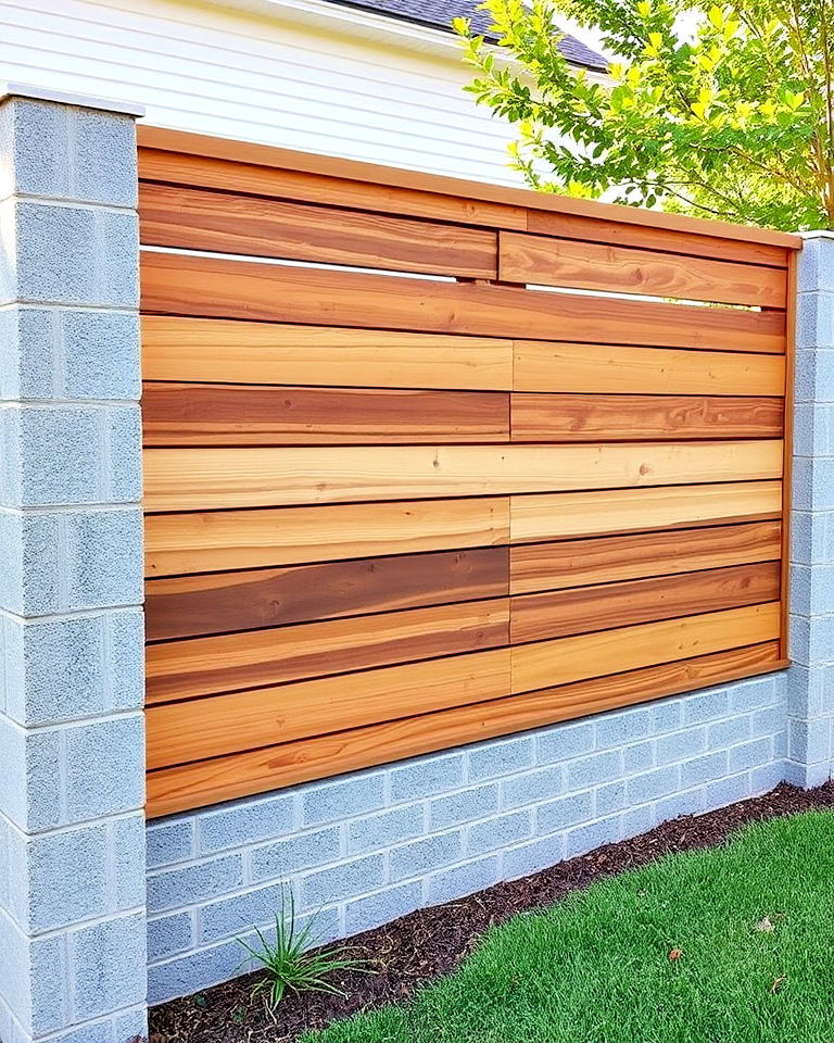 cinder block fence with horizontal wooden panels - 25 Cinder Block Fence Ideas