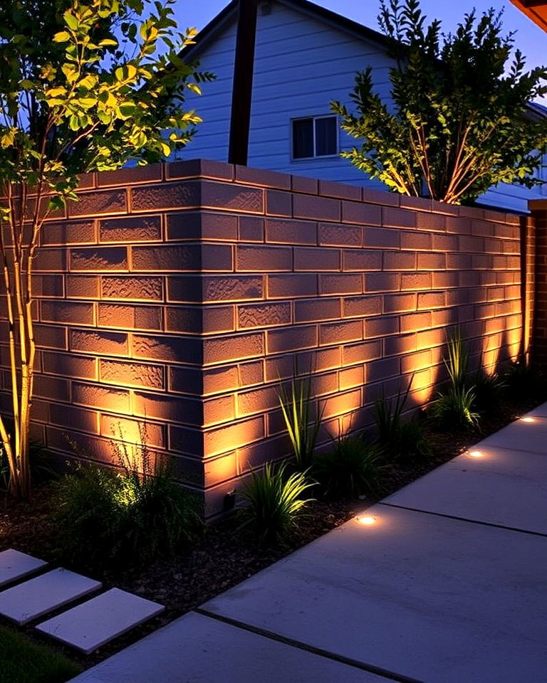 cinder block fence with lighting features - 25 Cinder Block Fence Ideas