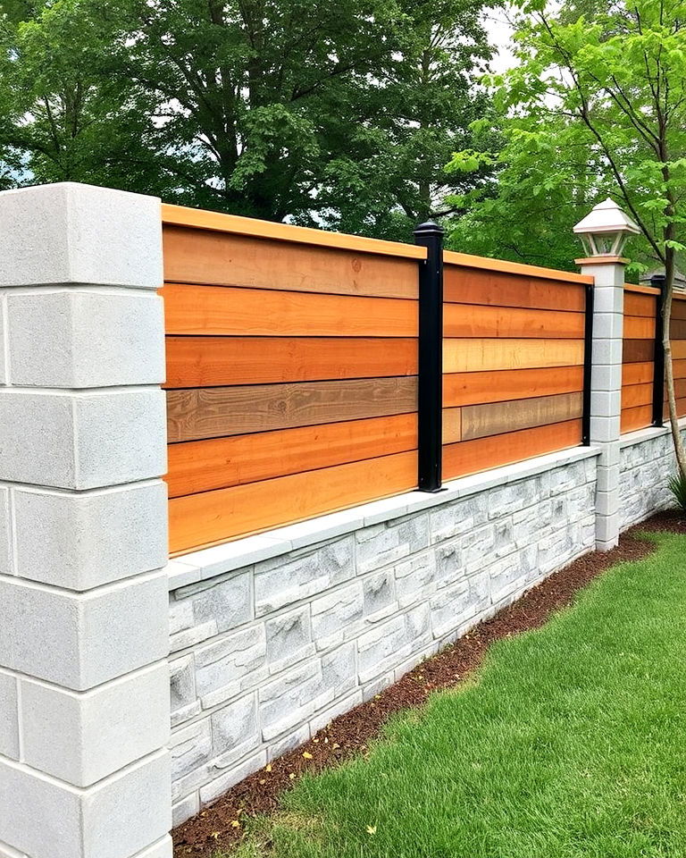 cinder block fence with mixed materials - 25 Cinder Block Fence Ideas