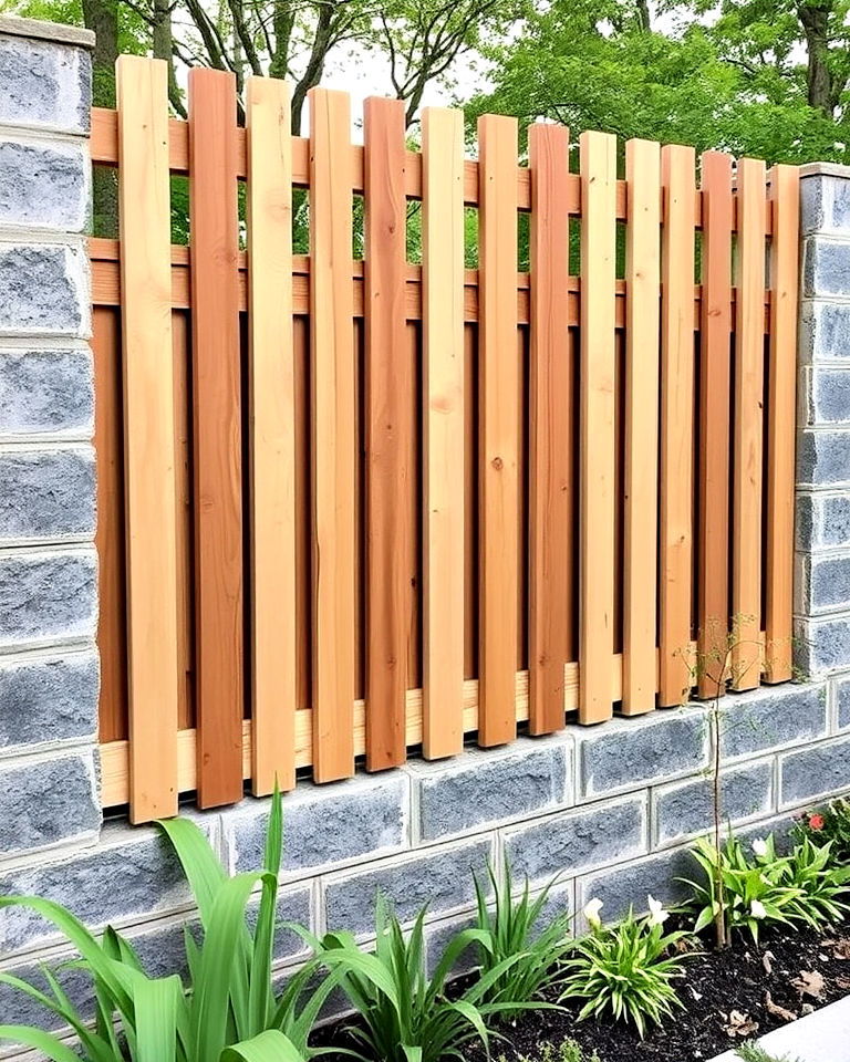 cinder block fence with vertical wooden slats - 25 Cinder Block Fence Ideas