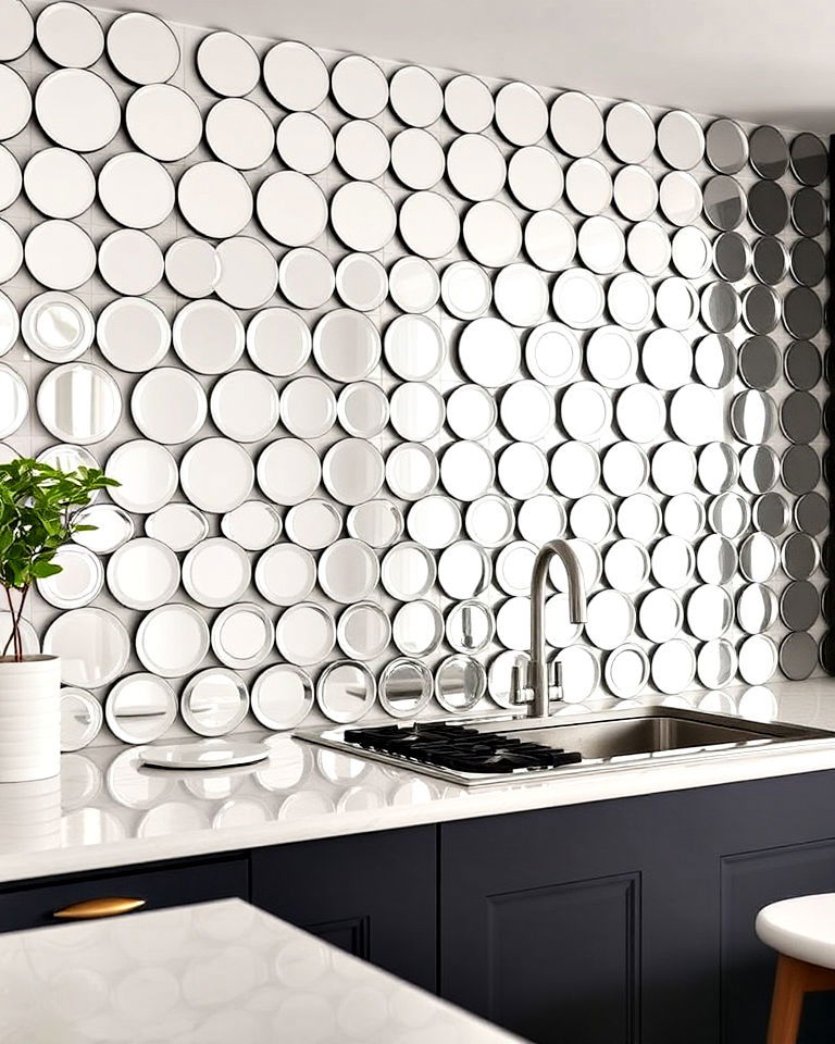 circular mirrored panels for playful elegance - 25 Mirrored Backsplash Kitchen Ideas
