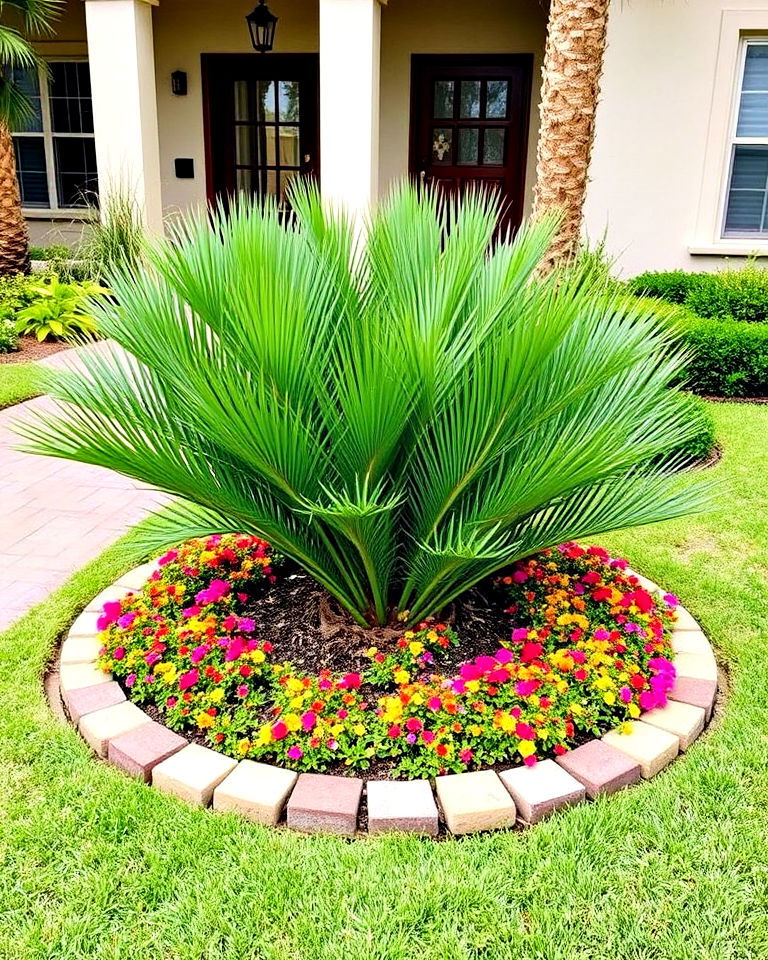 circular palm garden with floral borders - 25 Front Yard Palm Tree Landscape Design Ideas