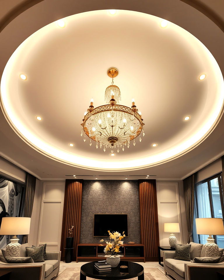 circular pop ceiling with chandelier centerpiece - 25 Pop Ceiling Design Ideas