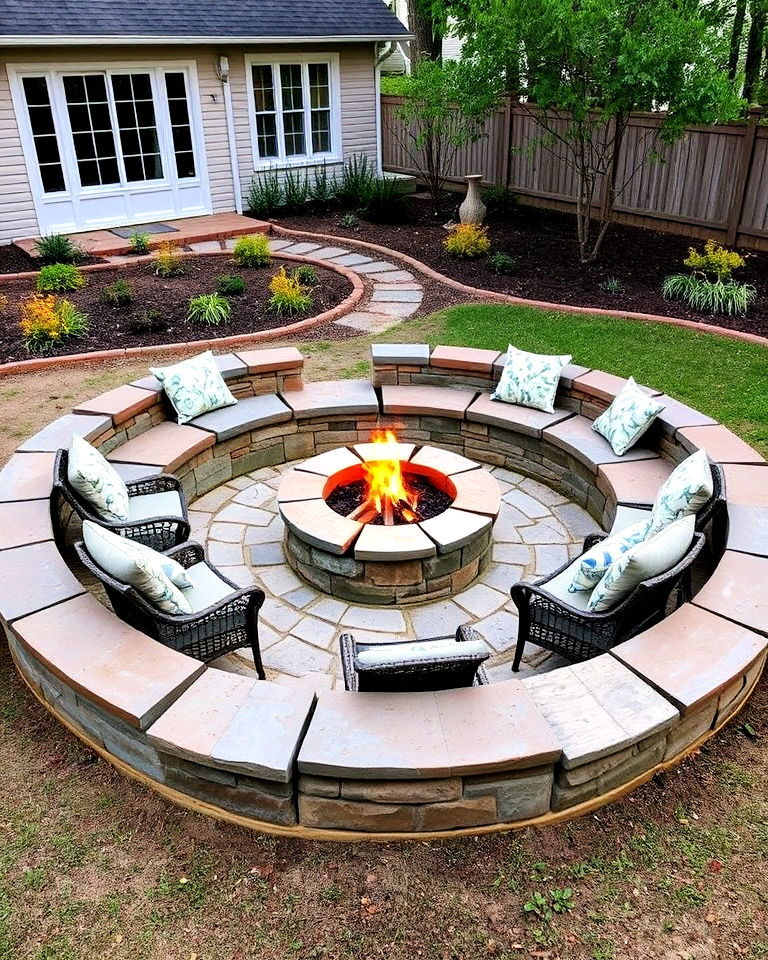 circular stone seating around a fire pit - 25 Front Yard Sitting Area Ideas
