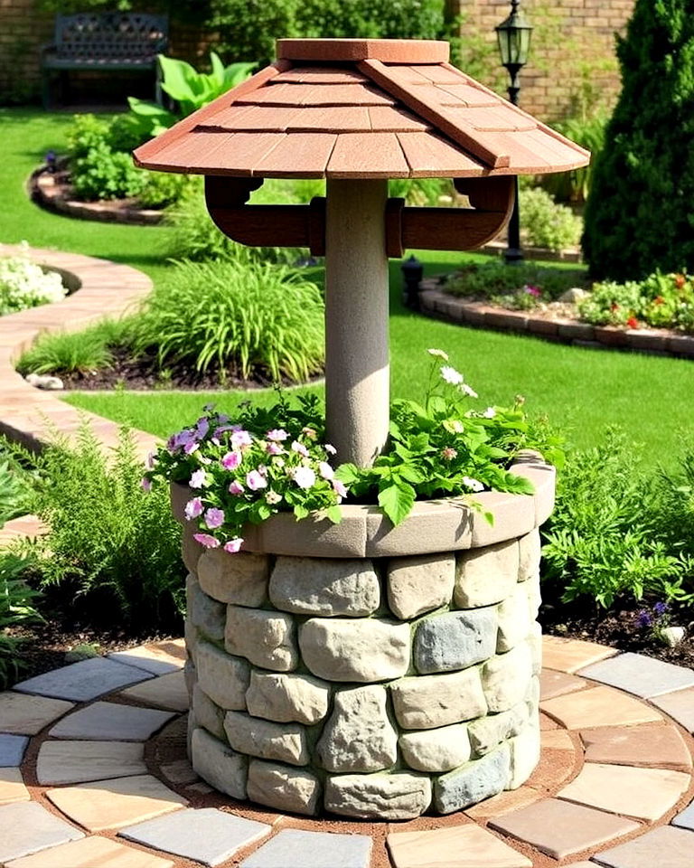 circular stone wishing well planter - 15 Outdoor Wishing Well Garden Ideas