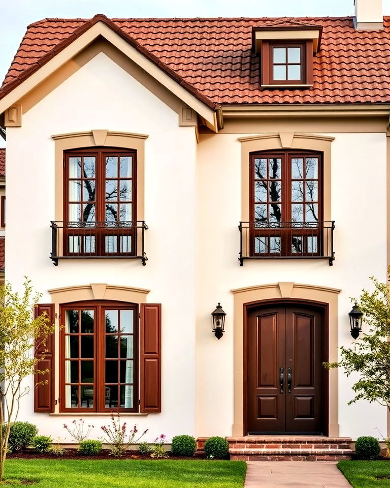 classic cream facade with brown accents - 20 Cream and Brown House Exterior Ideas