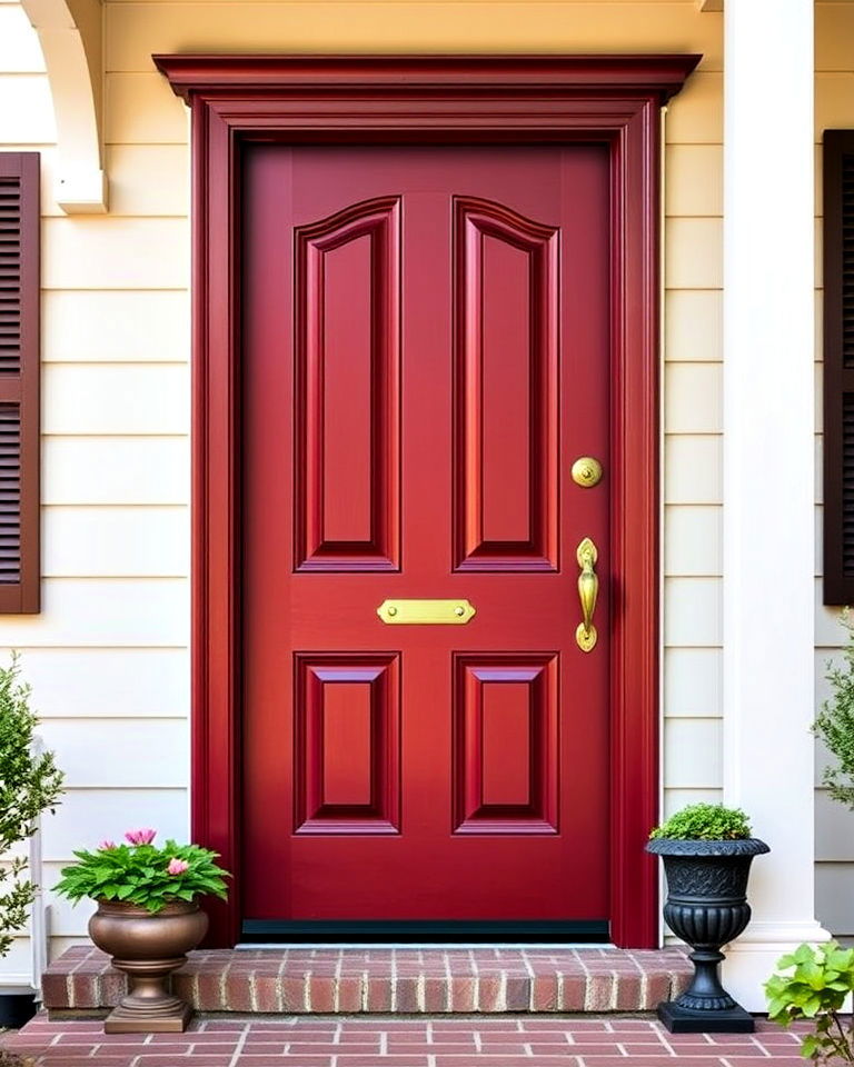 classic dark red with decorative molding - 20 Dark Red Front Door Ideas
