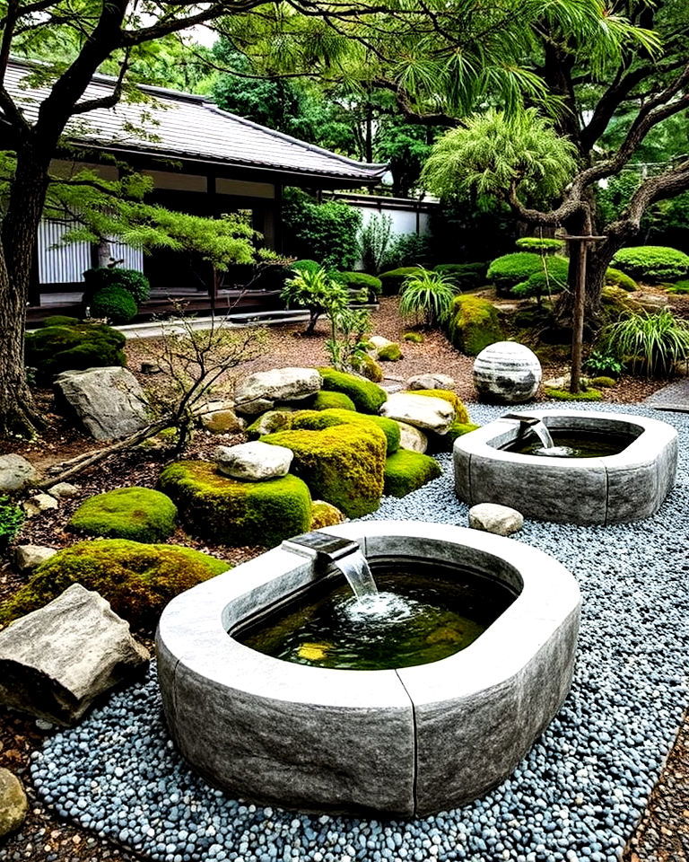 classic features stone water basins in japanese garden - 25 Asian Landscaping Ideas