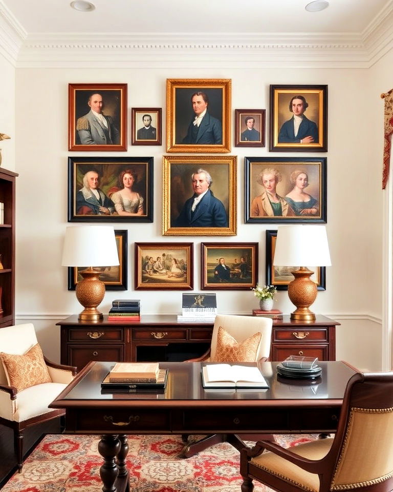 classic gallery wall of portraits - 25 Traditional Home Office Ideas