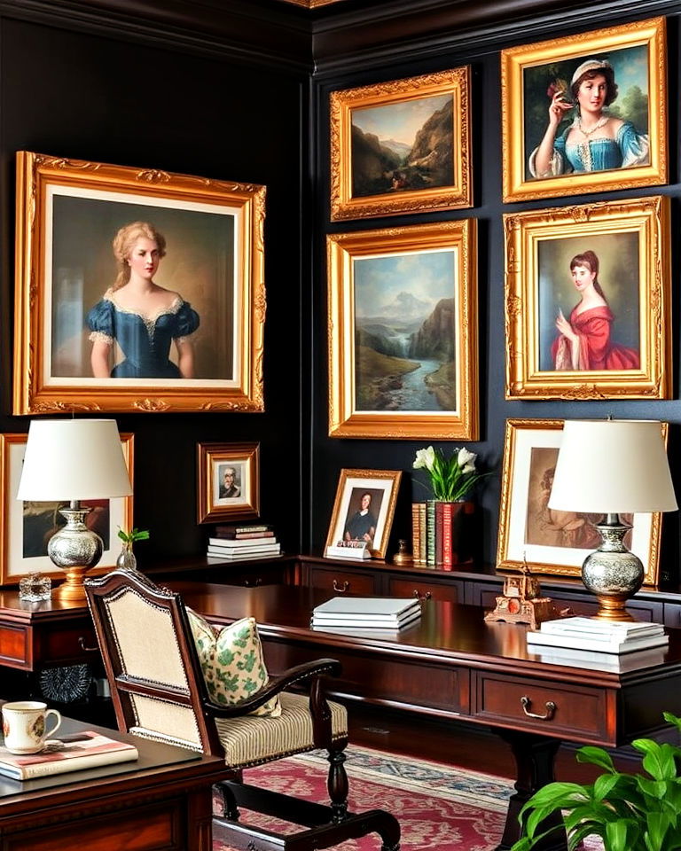 classic gilded frames for artwork - 25 Traditional Home Office Ideas