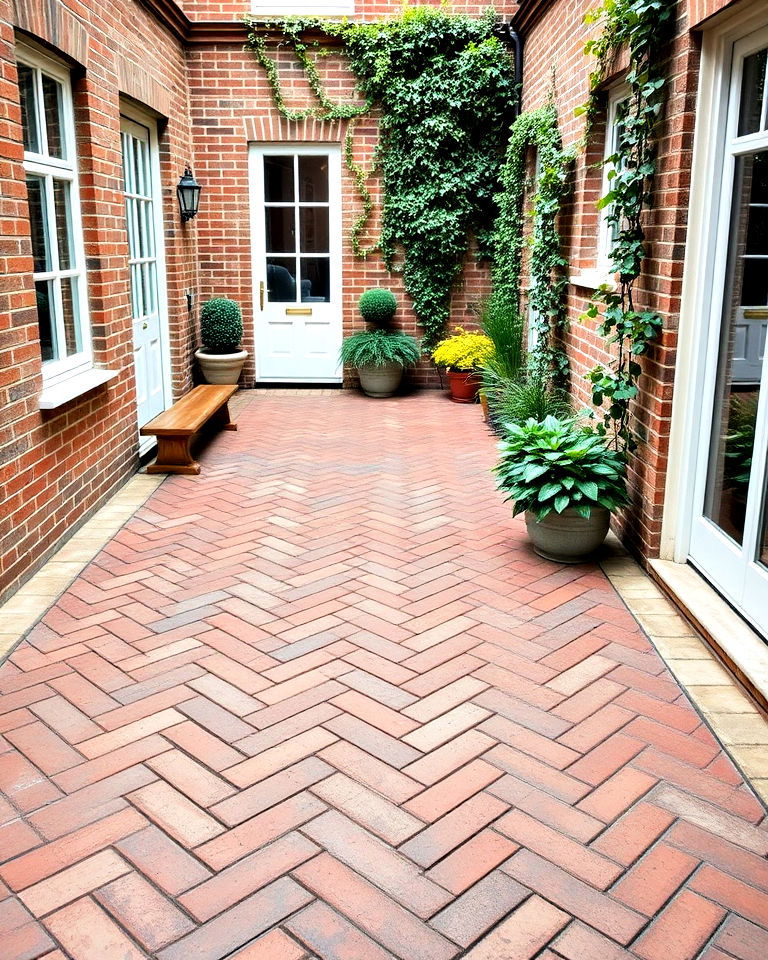 classic herringbone brick design - 15 Brick Courtyard Ideas