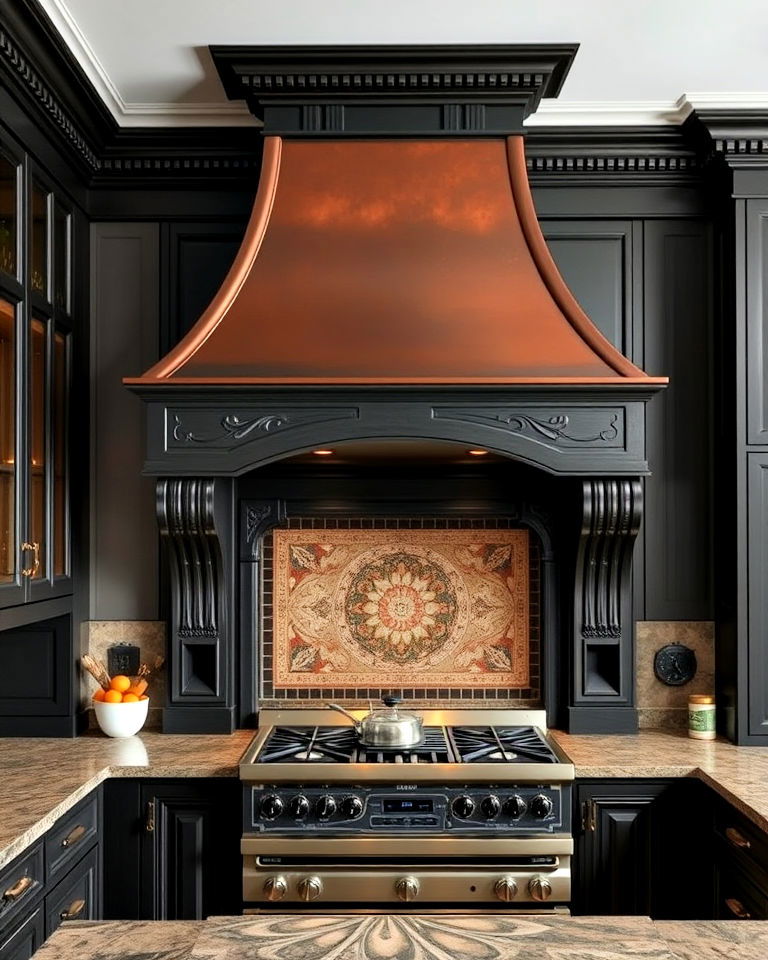 classic range hood with ornate detailing - 25 Dark Academia Kitchen Ideas