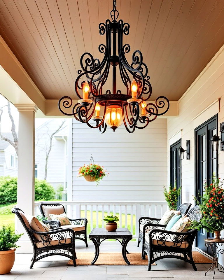 classic style wrought iron chandelier - 15 Front Porch Chandelier Ideas