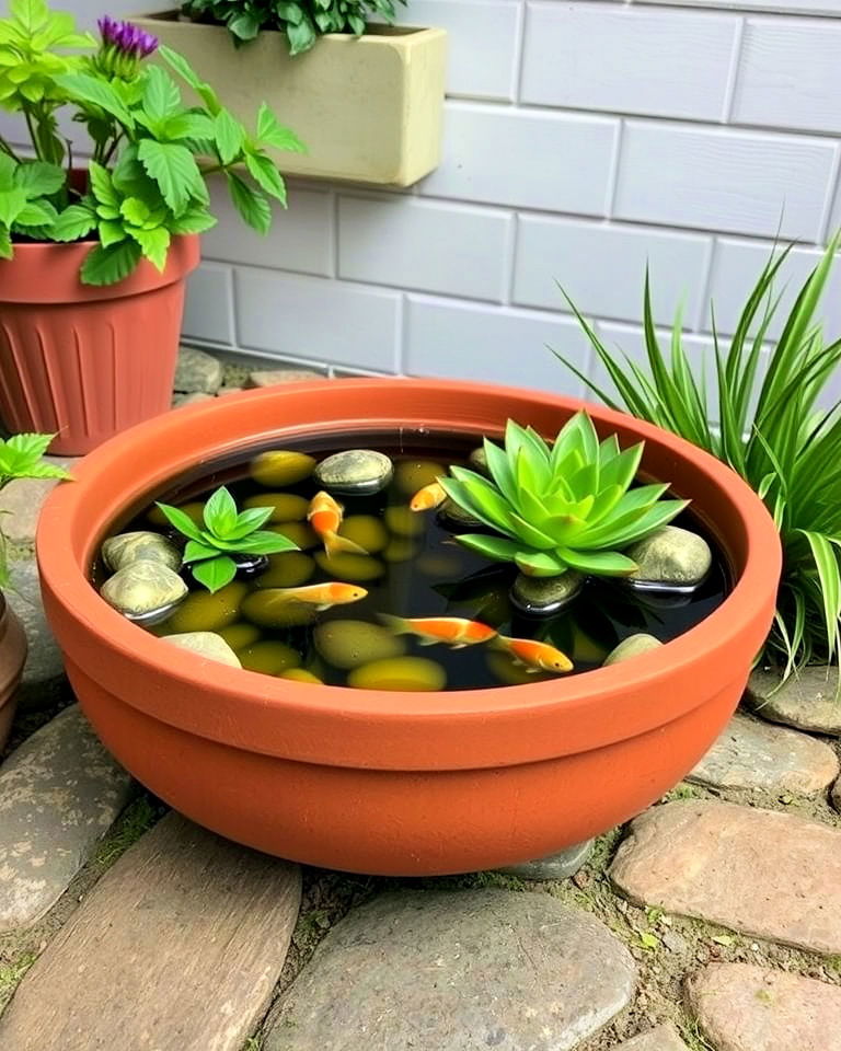 classic terracotta basin pond - 15 Container Fish Pond Ideas