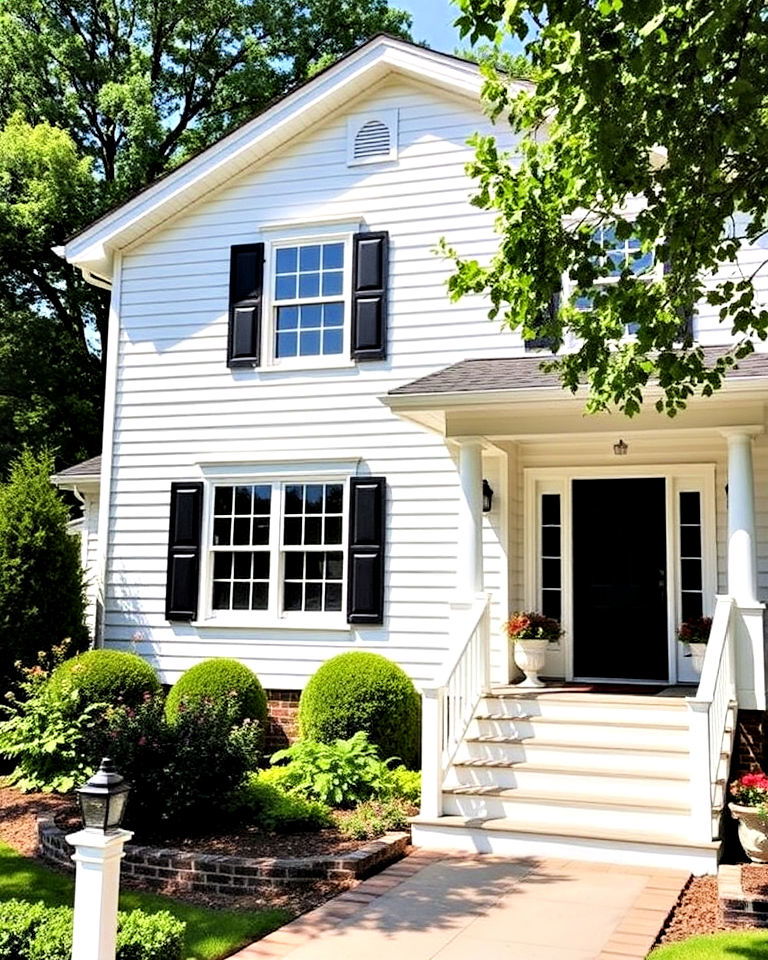 classic white siding with black shutters - 30 House Siding Colors