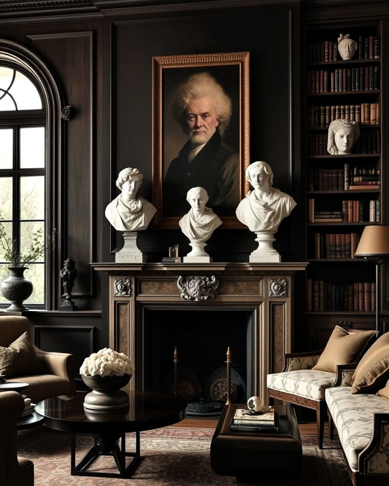 classical busts or statues living room - 25 Dark Academia Living Room Ideas