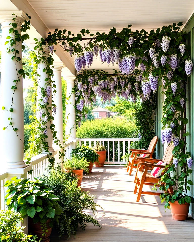 climbing vines around porch columns - 15 Cottage Front Porch Ideas