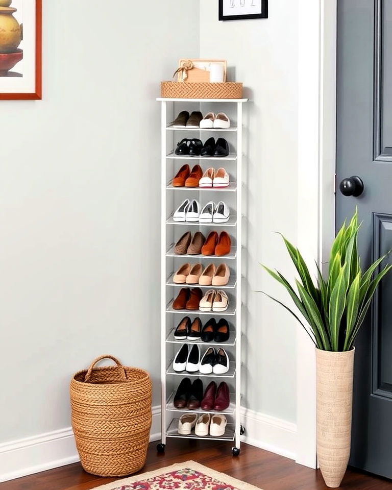 clutter free shoe rack tower - 15 Corner Entryway Ideas