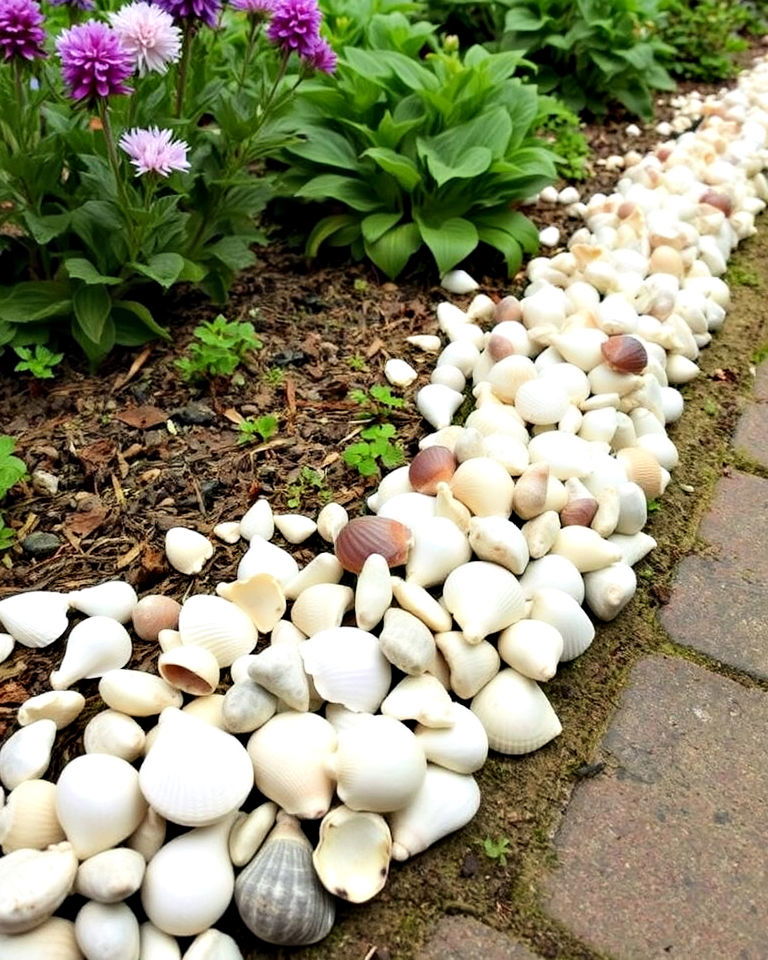 coastal inspired gardens seashells edging - 15 Recycled Garden Edging Ideas